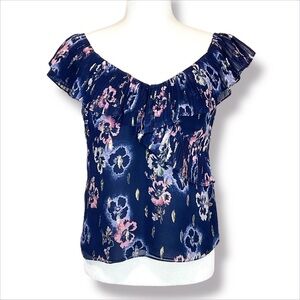Rebecca Taylor Pleated Ruffle Sleeve Lurex Floral Silk Blend Top